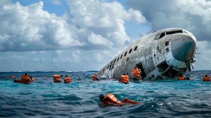 People in life jackets around the plane that crashed. Plane crash