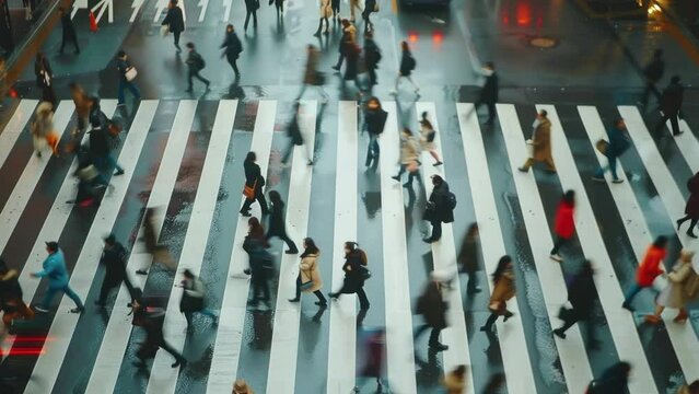 Crowded street at rush hour time lapse. Modern urban city life. Busy people hurry up. Lots of Pedestrian crowd walk road. Town never sleep concept. Public day at downtown. Blur background.