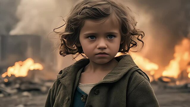 Desperate poor afraid boy and girl child crying standing holding old teddy bear in the middle of war zone 