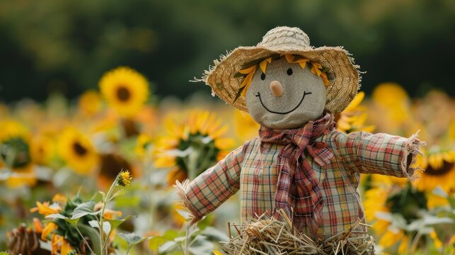 Realistic Scarecrow In A Field Of Sunflowers