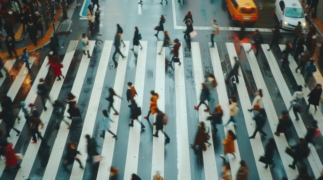 Crowded street at rush hour time lapse. Modern urban city life. Busy people hurry up. Lots of Pedestrian crowd walk road. Town never sleep concept. Public day at downtown. Blur background.