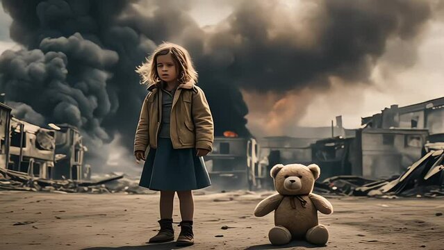 Desperate poor afraid boy and girl child crying standing holding old teddy bear in the middle of war zone 