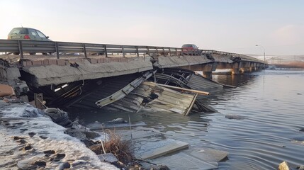 Man-made disaster, collapsed asphalt, collapsed bridge