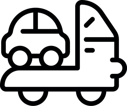 recommend clip art: Black and white line art of a flatbed tow truck for vehicular assistance