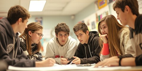A group of teenagers sitting inside a classroom, engaged in a collaborative study session, deeply focused on their discussions, depicting teamwork and education.