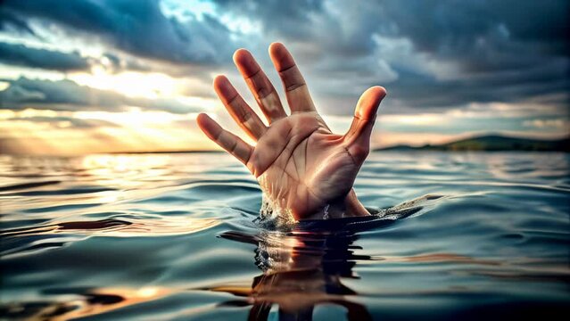 Hand stuck out of the water and waiting for help