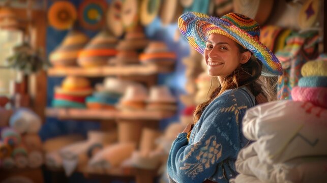 Smiling woman in a colorful hat and traditional attire in a vibrant shop filled with various handmade hats. Concept of culture, craftsmanship, and tradition.
