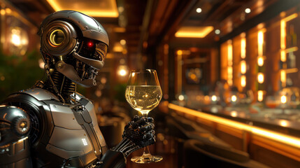Robot tasting wine in restaurant, futuristic technology