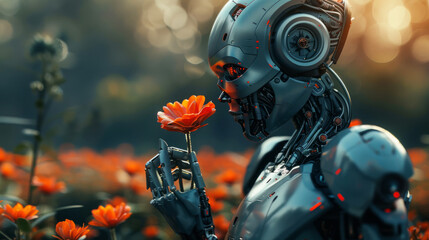 Robot sniffing flowers in blooming field