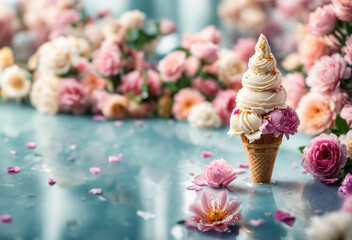 ice cream cone with ice-cream and flowers standing on reflecting surface like elegant summer background with copy space 