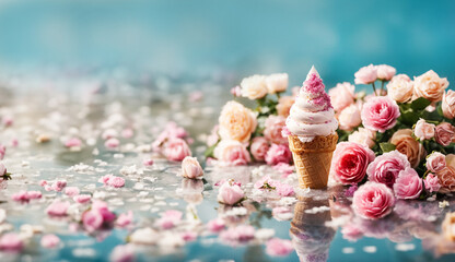 ice cream cone with ice-cream and flowers standing on reflecting surface like elegant summer background with copy space 