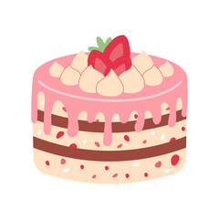 Birthday Cake with strawberry. Simple birthday cake isolated on white. Flat cartoon design for postcards and stickers, birthday party invitation