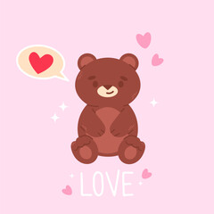 Cute card with teddy bear and heart.  Card for Valentines Day with heart and other elements. For website banner, Sale, Valentine card, cover, flyer or poster trendy vector illustration