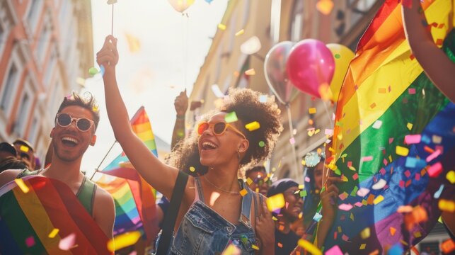 Joyful people celebrating at a vibrant pride parade with rainbow flags, confetti, and balloons under a sunny sky.