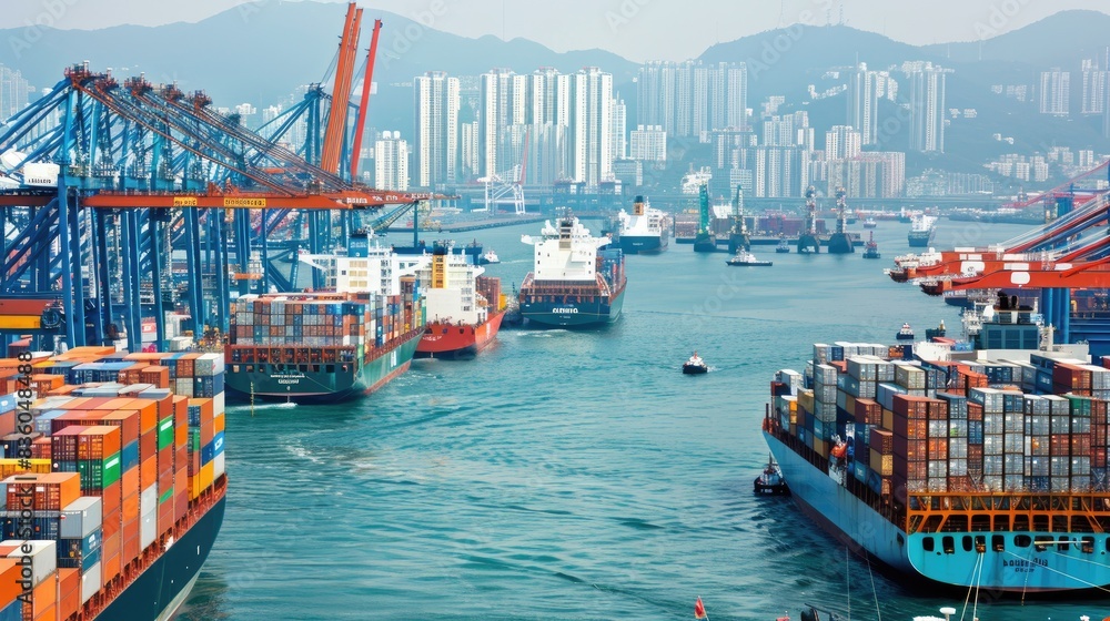 Poster a busy port with multiple cargo ships and stacks of containers, demonstrating the complexity of mari