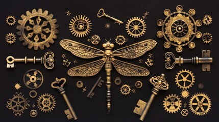 Steampunk inspired ornament showcasing symmetrical arrangement of golden gears keys and mechanical dragonfly against a black backdrop