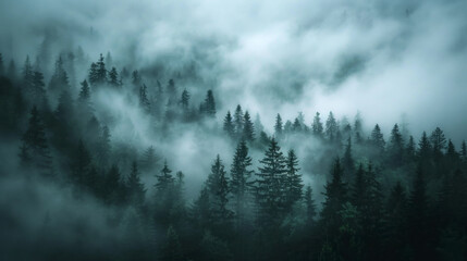 Gloomy landscape - hills covered with forest, fog, overcast, rainy weather
