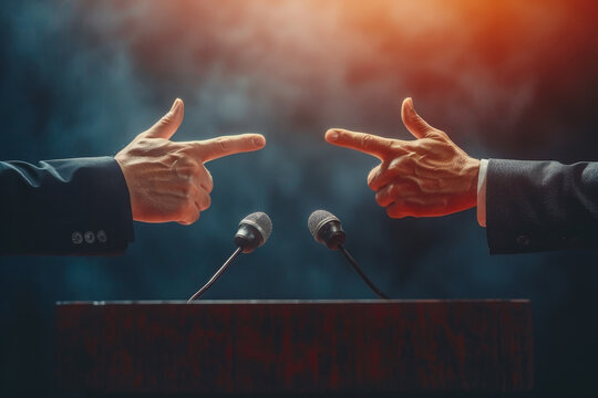 Dramatic political debate scene with two opponents pointing fingers at each other with microphones in the foreground.