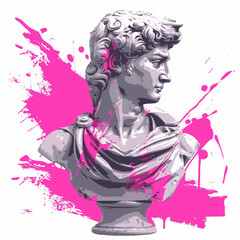 Modern isolated antique bust on transparent background with pink paint splashes , art mixed media , ancient greek painting of sculpture, poster design , vector, AI