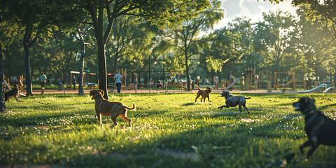 group of dogs, A dog park area in the park, with dogs playing fetch, running around, and interacting with other dogssss