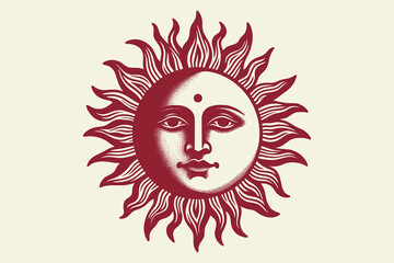 Sun with face. Isoteric vector illustration. vintage red engraving, emblem, logo
