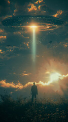 Obraz premium A man stands in a field looking up at a UFO