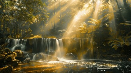 Sunlight filtering through trees onto small forest waterfall