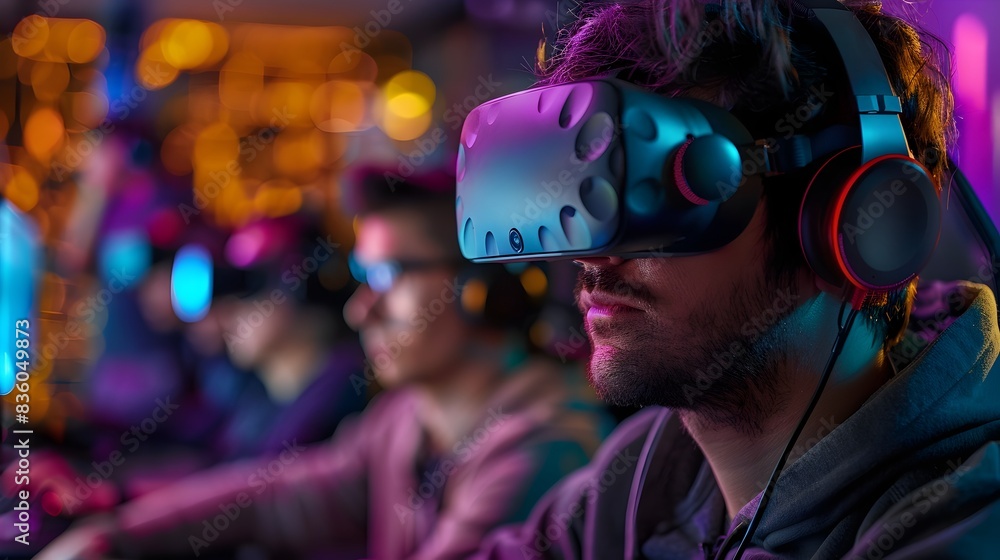 Poster virtual reality video game developers testing immersive and intense creativity and design concept