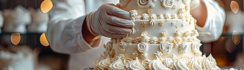 Masterful Cake Decorator Applies Finishing Touches to Spectacular Wedding Cake Masterpiece