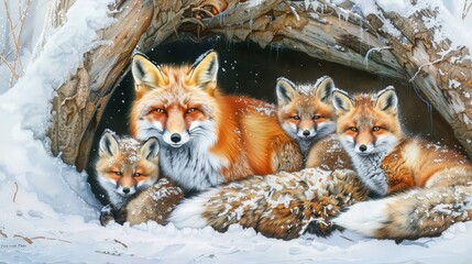 An enchanting scene of a fox and her cubs snuggled in a snowy den, their vibrant coats contrasting against the pristine white snow, symbolizing warmth in the heart of winter.