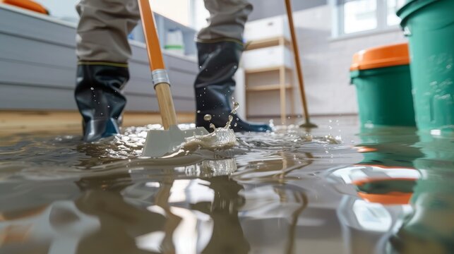 Person in rubber boots mopping a flooded floor, highlighting cleaning and water damage restoration. Concept of flood cleanup, maintenance, and disaster recovery.
