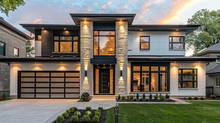 Contemporary house exterior at sunset with modern design and illuminated facade. Concept of urban living, architectural design, luxury homes, residential architecture