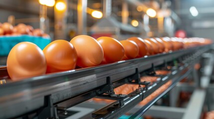 Eggs on a production line in a modern factory, representing food processing and automation. Concept of industrial agriculture, efficiency, and food supply chain.
