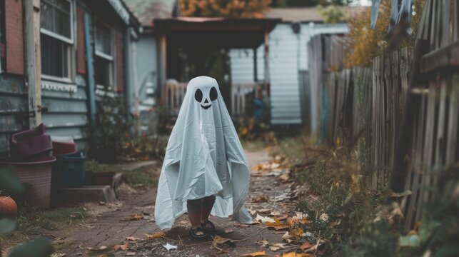 Halloween costume of a child dressed as a ghost standing in an outdoor yard. Concept of kids fashion, Halloween, spooky costumes, festive celebrations