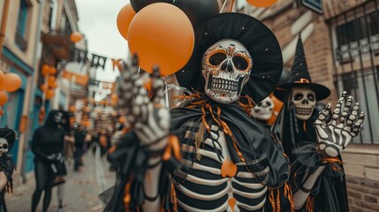 Halloween parade with people in skeleton costumes and orange and black balloons. Concept of festive celebration, costumes, holiday, and crowds