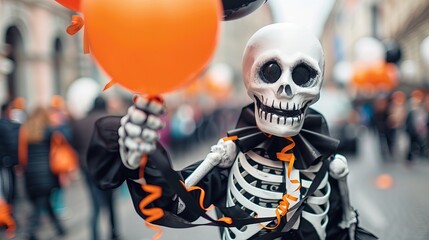 Skeleton figure holding an orange balloon on a festive street. Concept of Halloween, celebration, costumes, holiday events