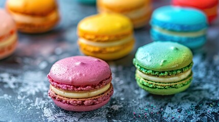 Fototapeta premium Top View Colorful Mini Macaron Background. Generative Ai
