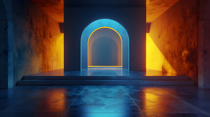 A dimly lit room featuring a blue and orange archway leading to stairs - Powered by Adobe