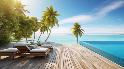 Outdoor tropical landscape. Beach resort with swimming pool and lounge chairs. Sunny day with palm trees and blue sky. Summer travel and vacation concept. Photography generated by Ai technology