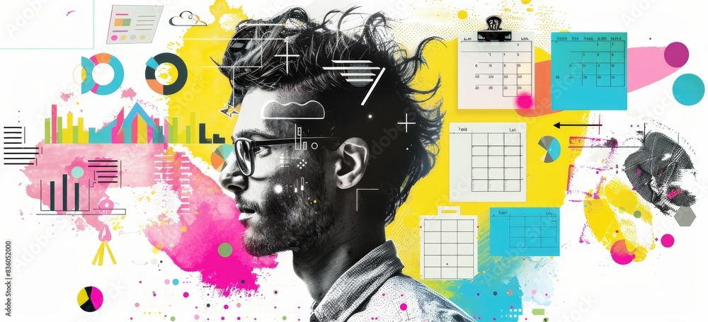 Poster the image shows a man with glasses looking at a colorful background with various graphs and charts. 