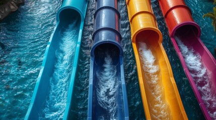A top-down view of colorful water slides with rushing water.