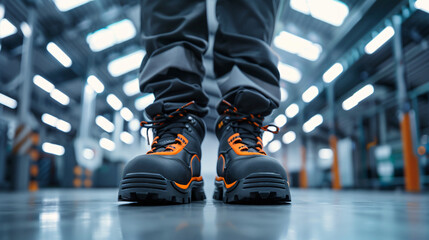 Stylish and safe work boots featured in a warehouse setting with a close-up view