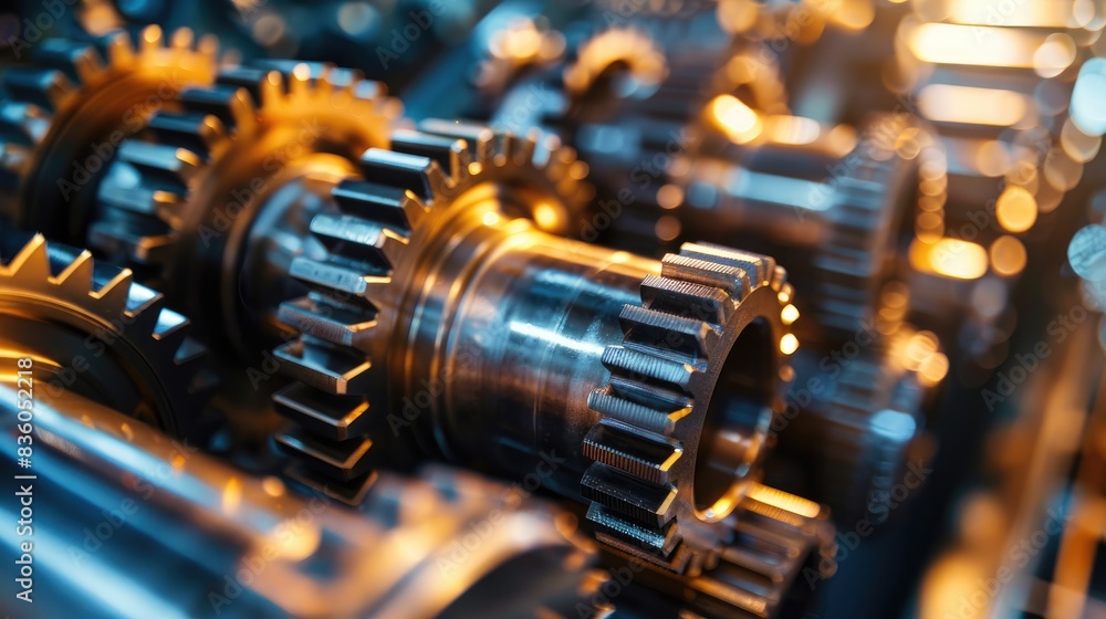 Poster a close-up of industrial gears and cogs interlocking, highlighting the precision and complexity of e