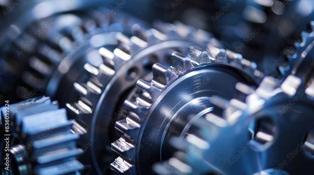 Poster a close-up of industrial gears and cogs interlocking, highlighting the precision and complexity of e