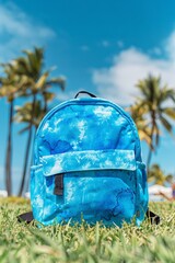 backpack on a background of palm trees.  back to school concept