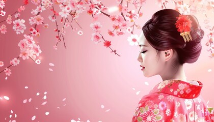 Fototapeta premium Blossoming Beauty: A Stunning Asian Woman in Kimono Amidst the Sakura in Japan