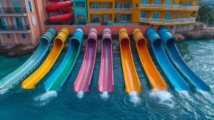 Aerial view of vibrant slides dropping into sea by a cheerful hotel.