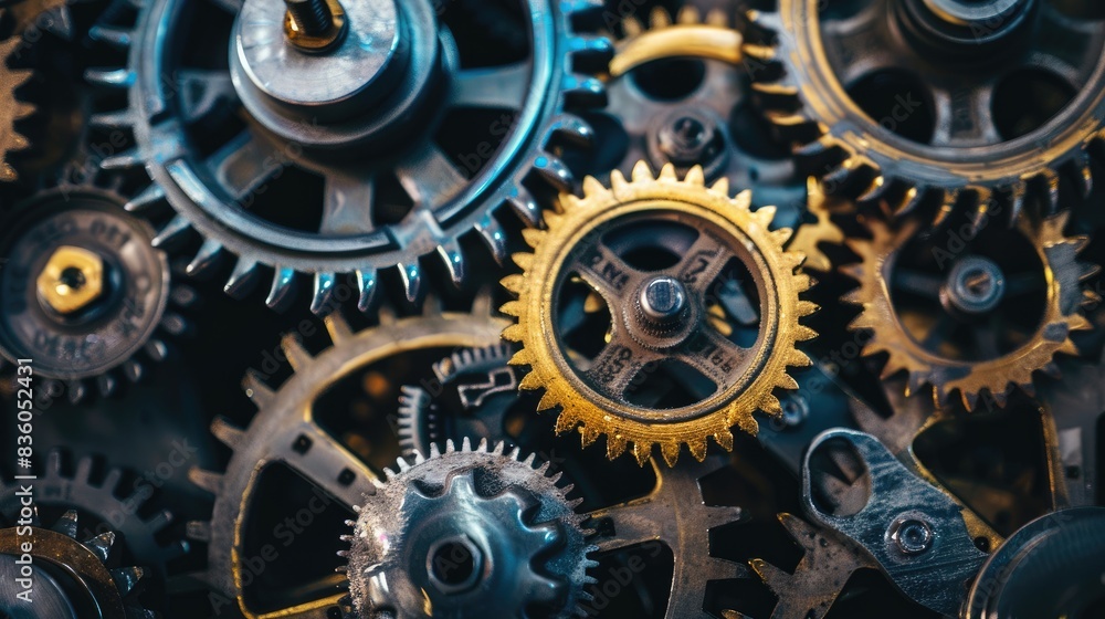 Poster a close-up of industrial gears and cogs interlocking, highlighting the precision and complexity of e