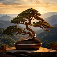 juniper bonsai tree at sunset