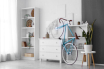 Interior of light room with chest of drawers, shelving units, bicycle and houseplant, blurred view